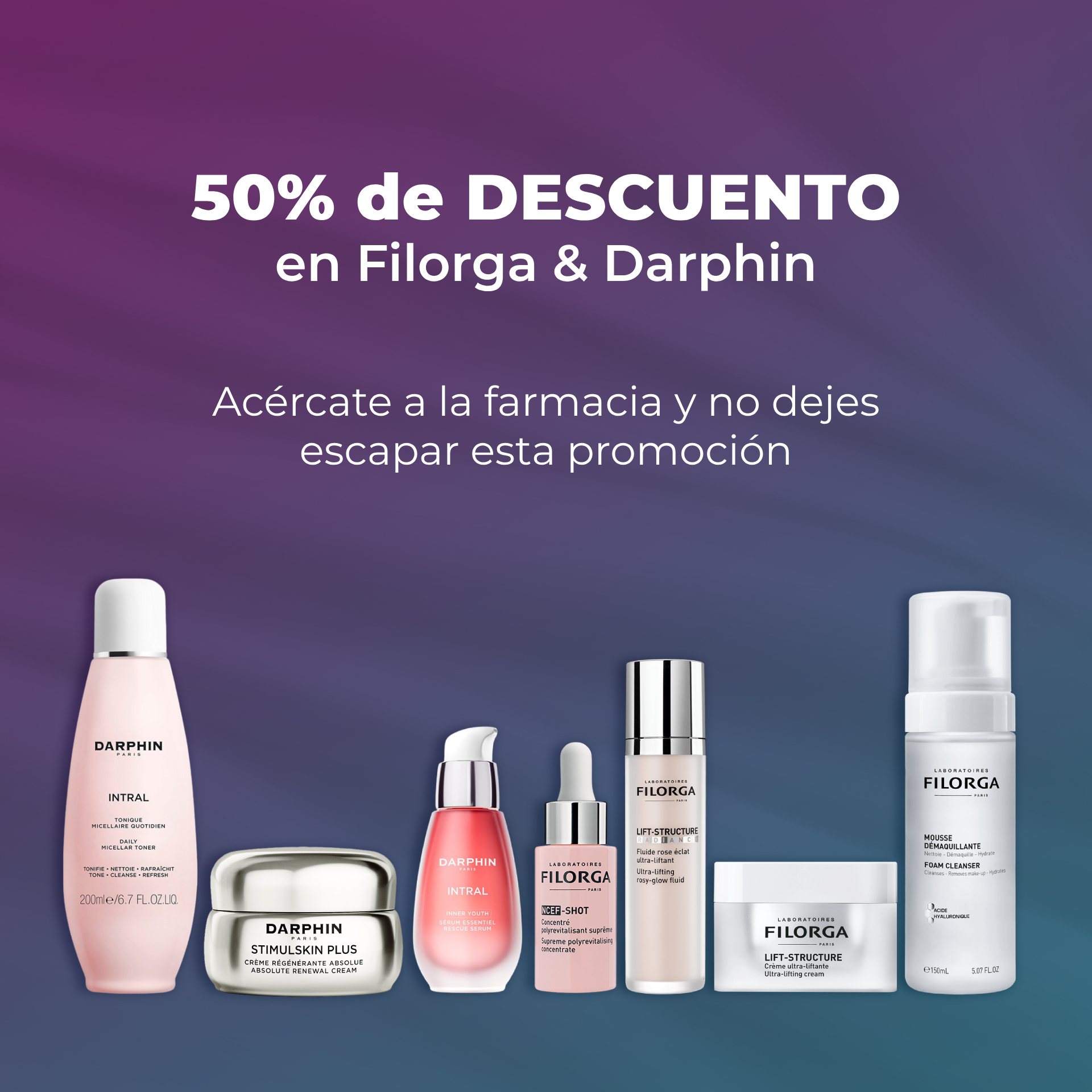 50% de descuento en Filorga & Darphin. Acércate a la farmacia y no dejes escapar esta promoción.