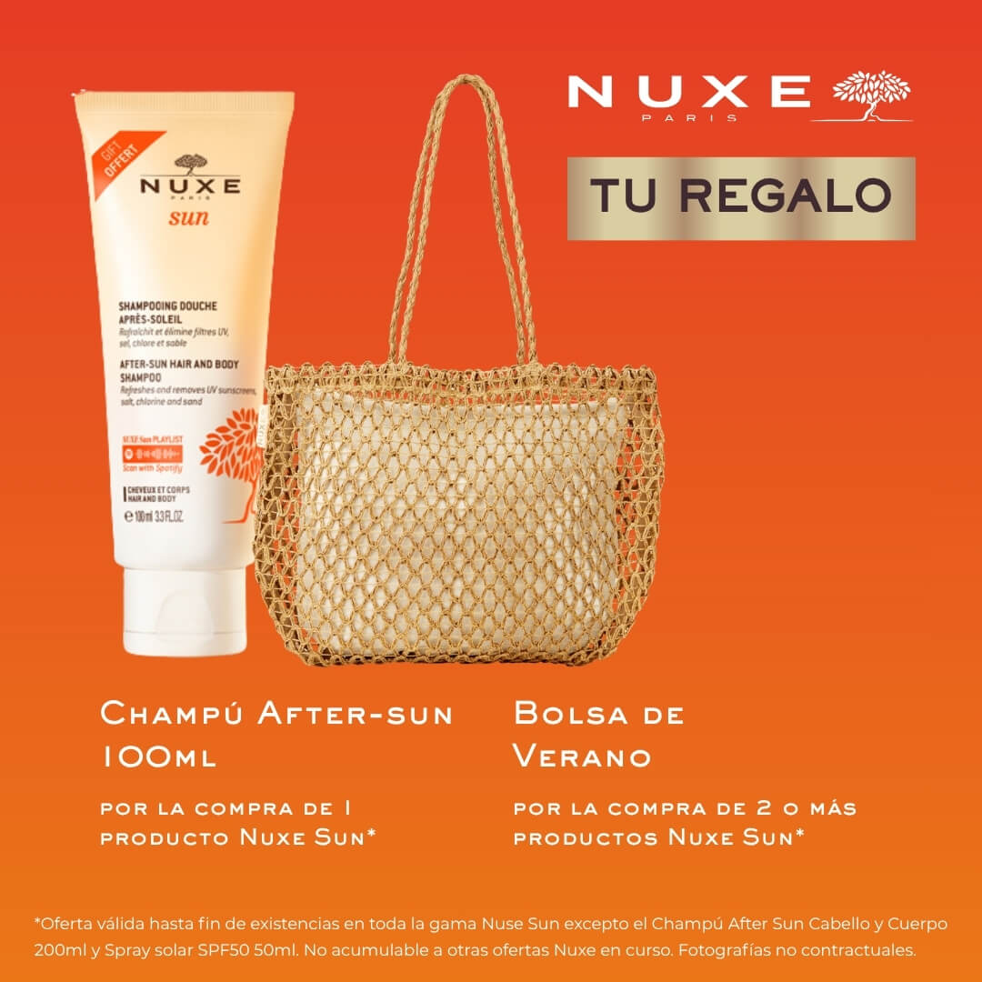 Nuxe Sun. TU REGALO: Champú After-sun 100ml por la compra de 1 producto Nuxe Sun*, Bolsa de Verano por la compra de 2 o más productos Nuxe Sun*.*Oferta válida hasta fin de existencias en toda la gama Nuse Sun excepto el Champú After Sun Cabello y Cuerpo 200ml y Spray solar SPF50 50ml. No acumulable a otras ofertas Nuxe en curso. Fotografías no contractuales.