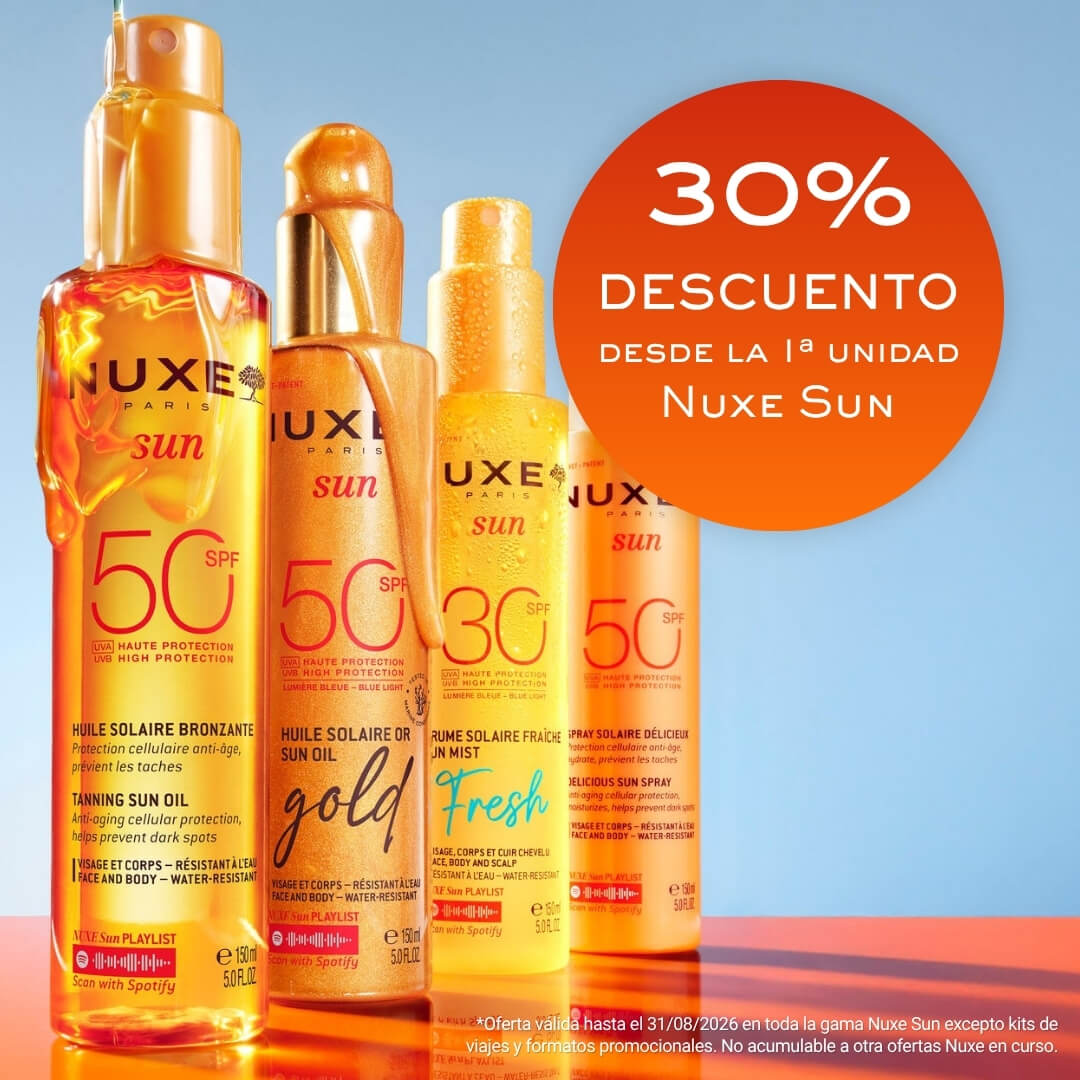 30% DESCUENTO desde la primera unidad en Nuxe Sun*. *Oferta vákida hasta el 31/08/2026 en toda la gama Nuxe Sun excepto kits de viajes y formatos promocionales. No acumulable a otra ofertas Nuxe en curso.