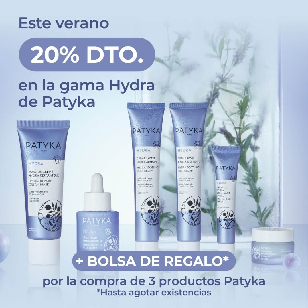 Este verano, 20% descuento en la gama Hydra de Patyka. + Bolsa de regalo por la compra de 3 productos Patyka. *Hasta agotar existencias.